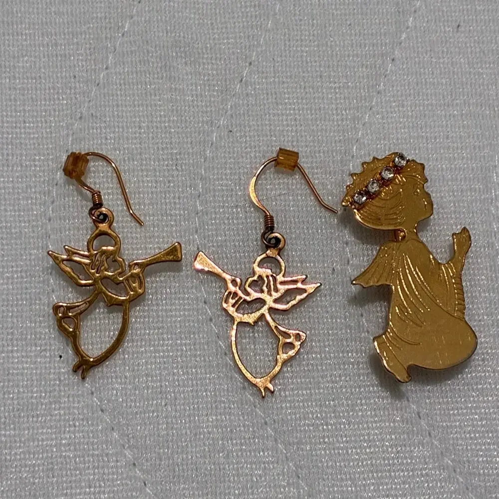 Vintage Christmas Angel Jewelry Lot Gold Tone Trumpet Earrings Angel Brooch